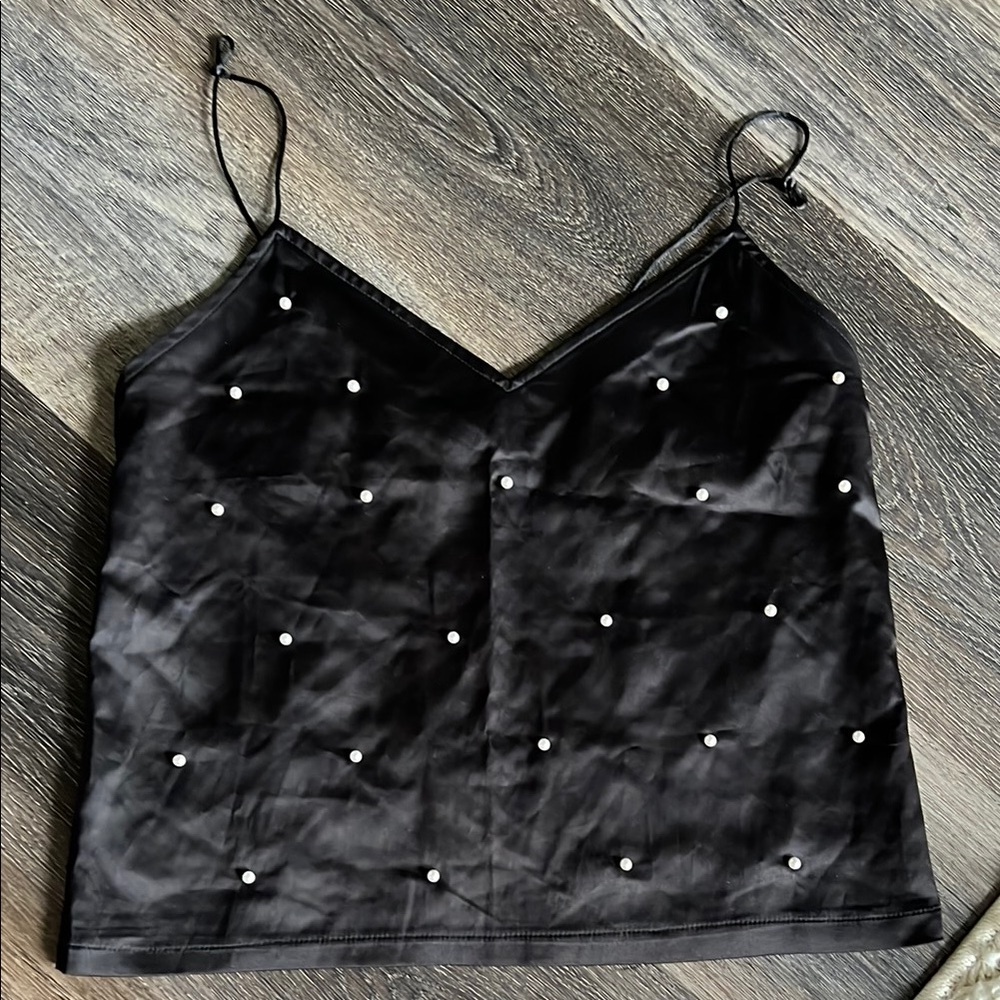 Zara Black Pearl-Embellished Satin Camisole